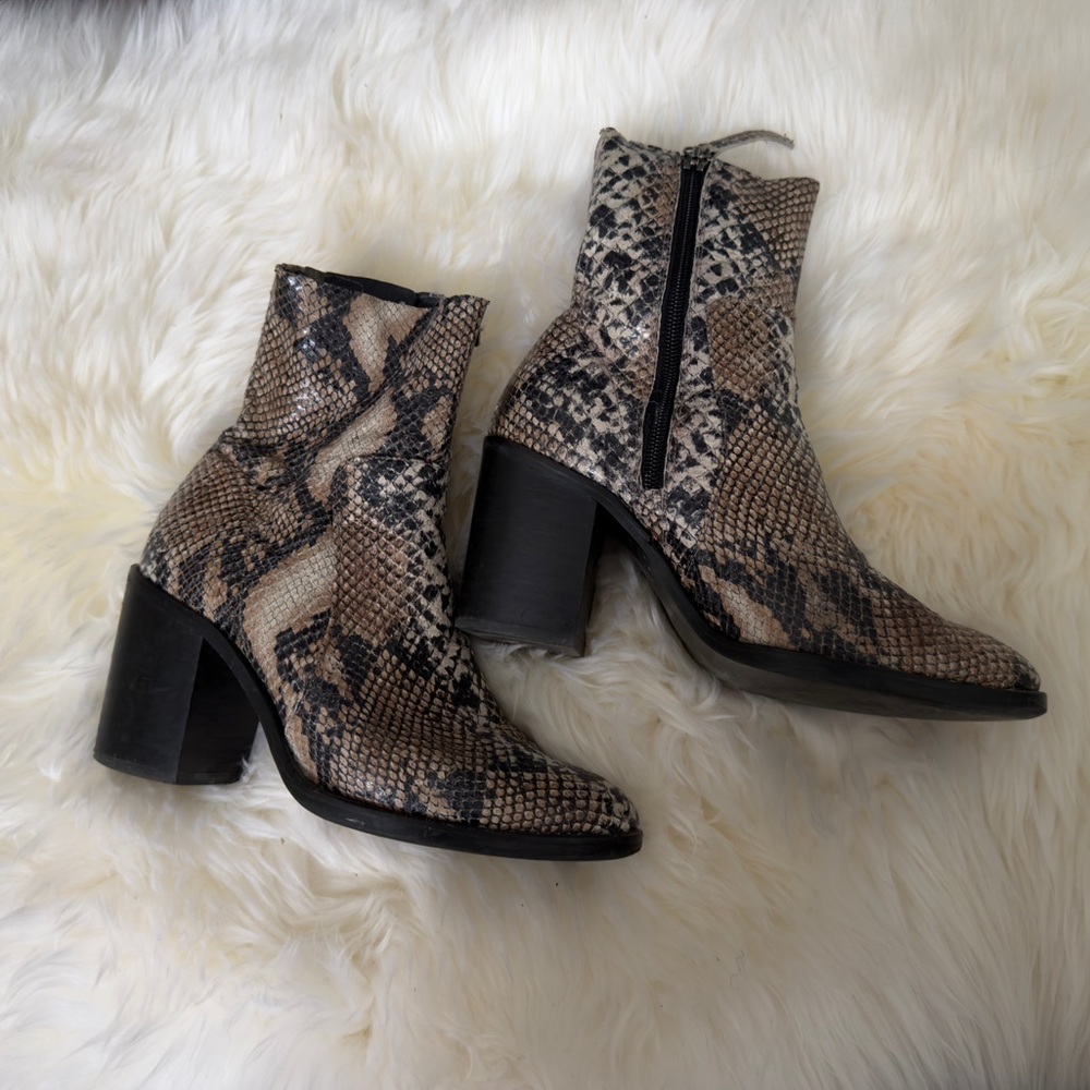 Snakeskin print vegan leather ankle boots with block heel